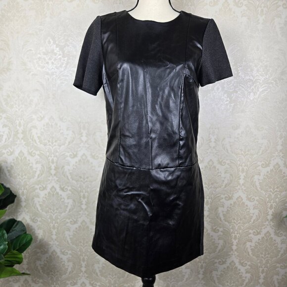 Zara Basic Sz Med Black Faux Leather Front Dress Gray Jersey Short Sleeves NWT - Picture 1 of 13